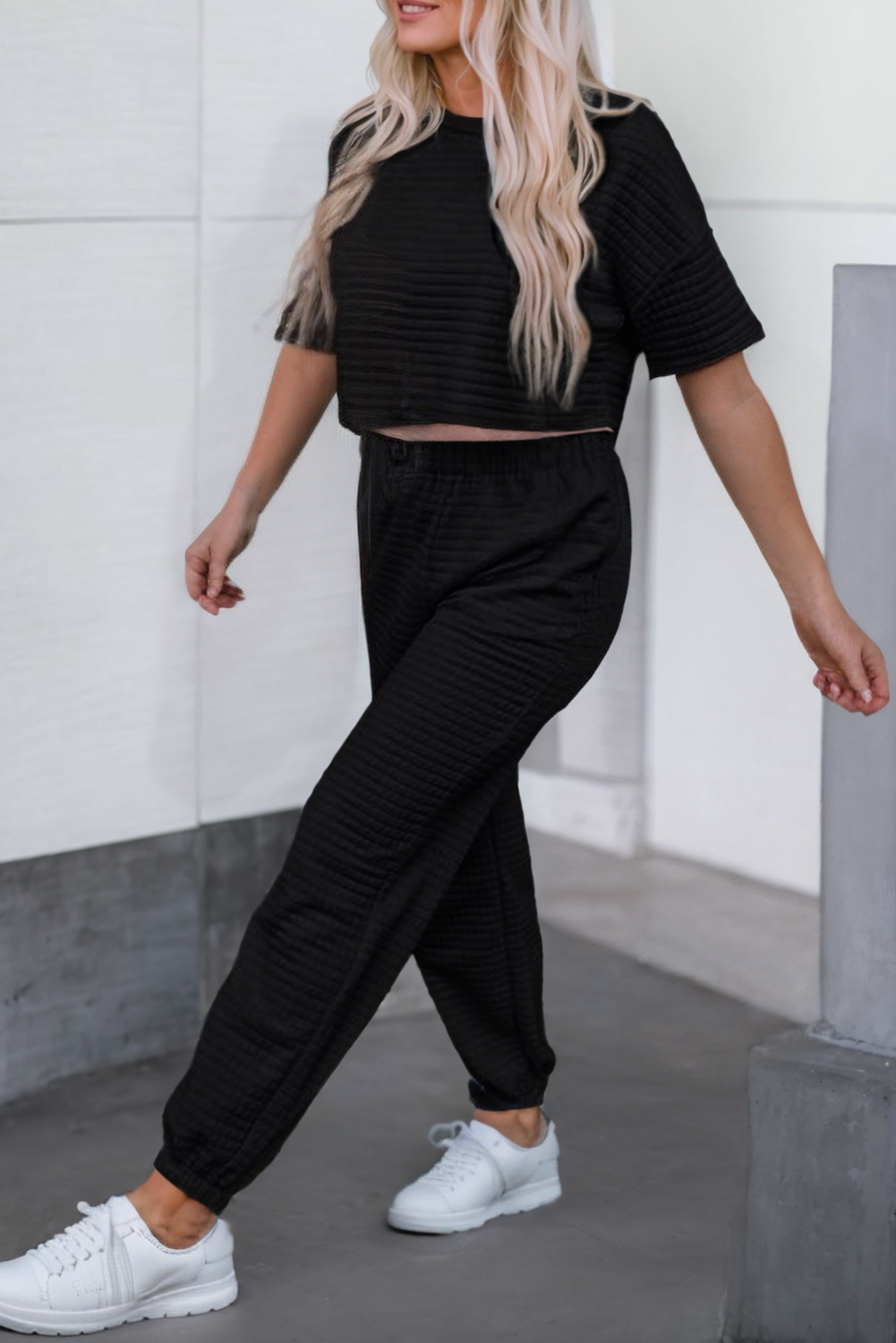 Textured Cropped Tee and Jogger Pants Set