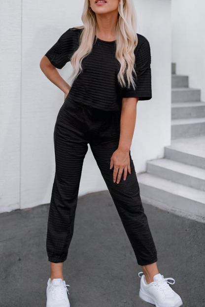 Textured Cropped Tee and Jogger Pants Set