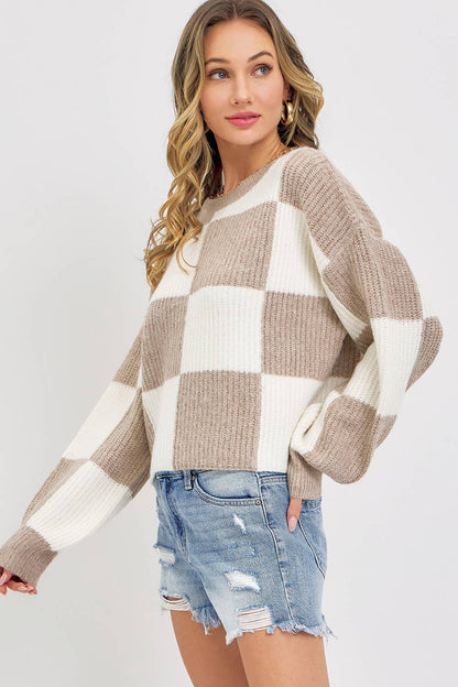 CASUAL SOFT COZY  RELAXED FIT CHECKER KNIT SWEATER