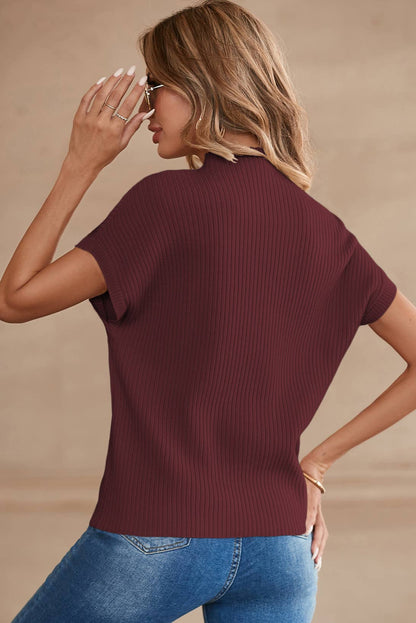 Patch Pocket Ribbed Knit Short Sleeve Sweater