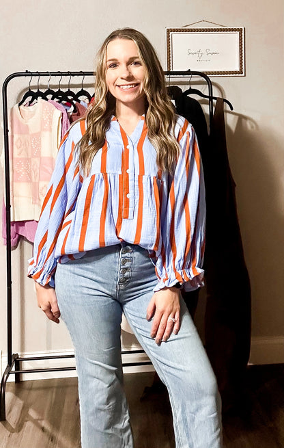 Stripe Textured Ruffled Sleeve Button up Loose Shirt