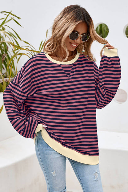 Stripe Contrast Trim Oversized Pullover Sweatshirt