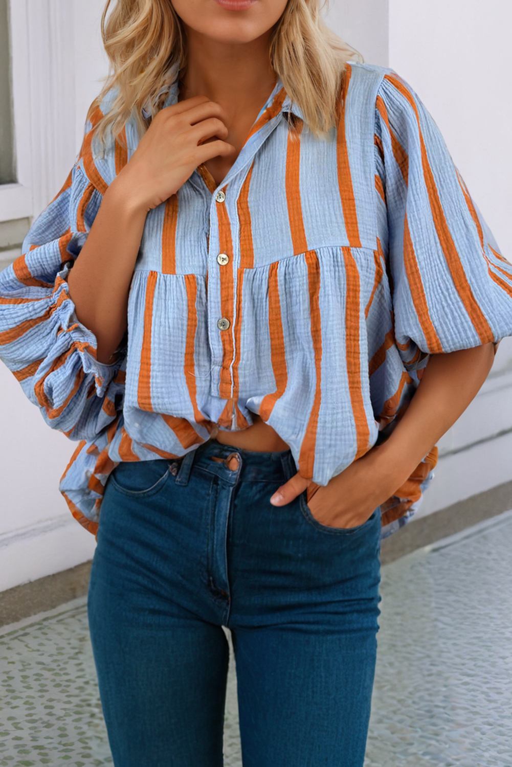 Stripe Textured Ruffled Sleeve Button up Loose Shirt