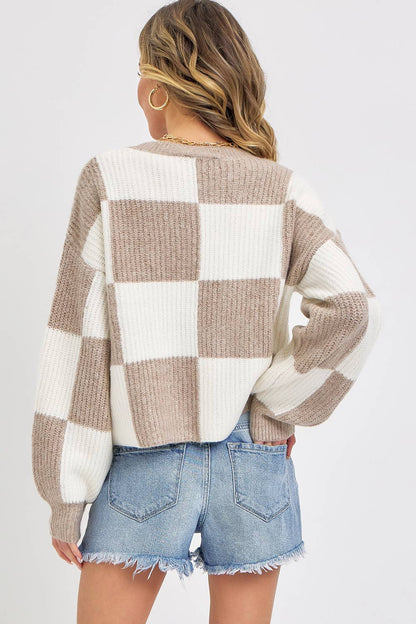 CASUAL SOFT COZY  RELAXED FIT CHECKER KNIT SWEATER