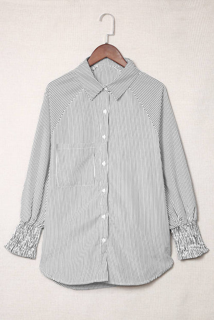 Smocked Cuffed Striped Boyfriend Shirt